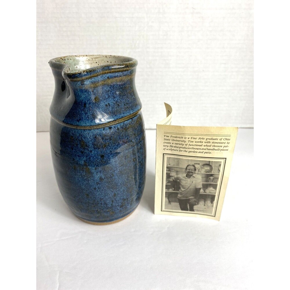 Tim Frederich Pottery Milk Jug Pitcher 7" Blue White Cottagecore Farm HTF RARE